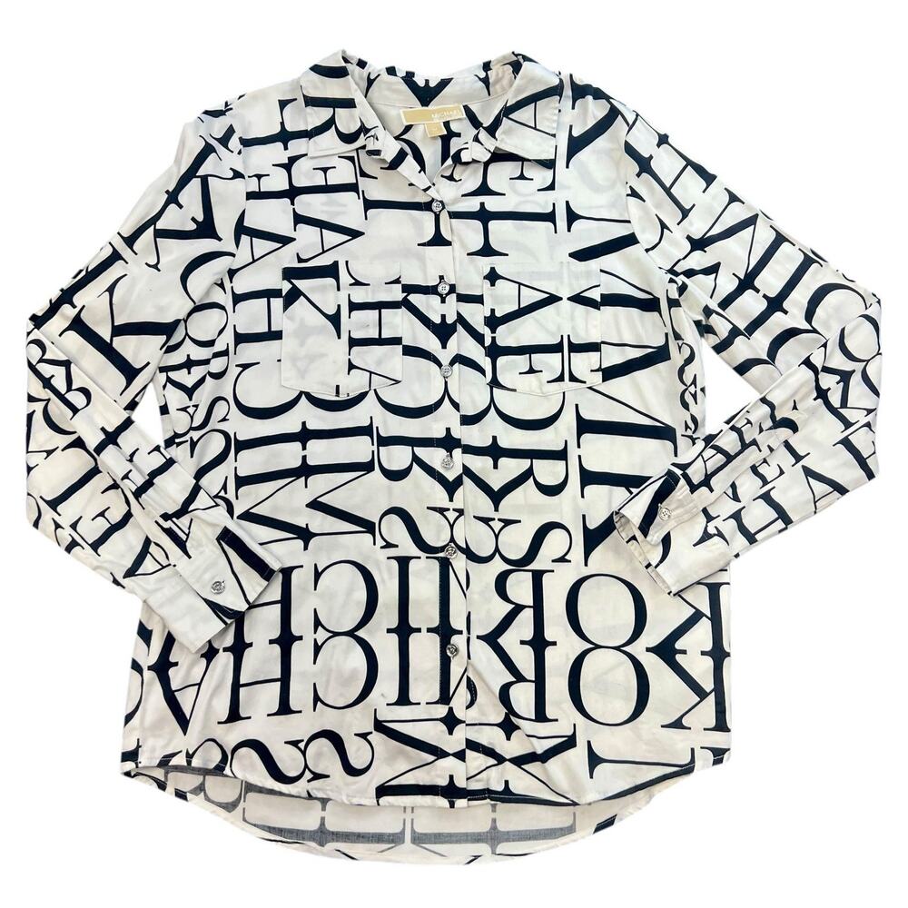 Michael Kors Logo Print Button Front Blouse Women’s Size 14 Black White